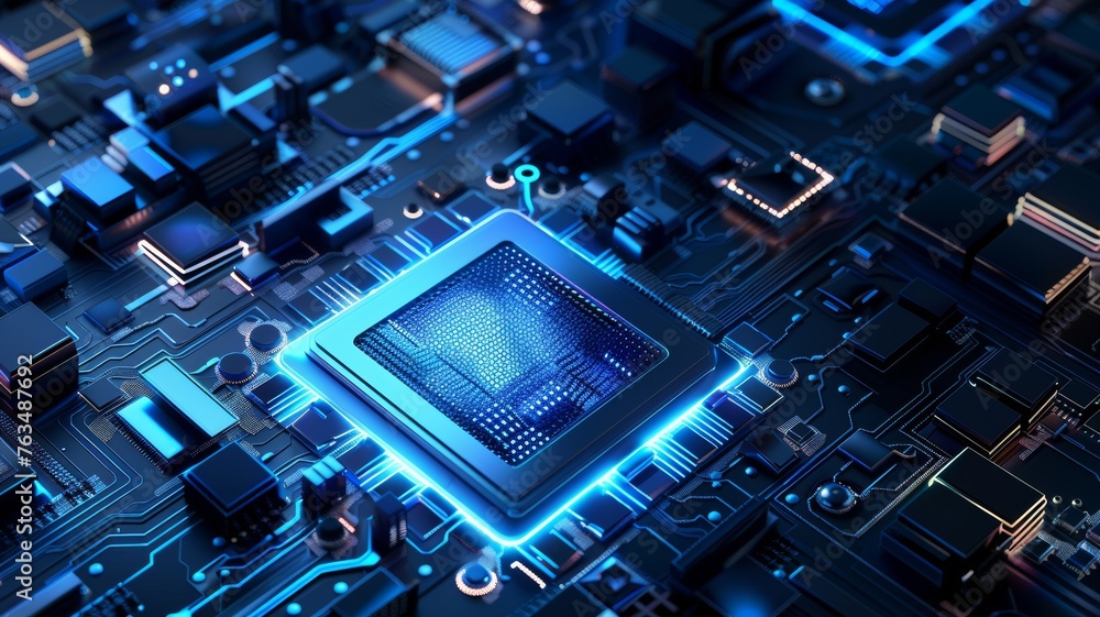Poster close-up view of a modern gpu card with circuit and colorful lights and details 3d rendering