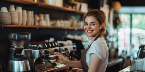 young smiling happy female barista in apron serving a cup of coffee to go at the bar counter of a cafe, woman, girl, coffee shop, drink, restaurant, employee, waiter - obrazy, fototapety, plakaty