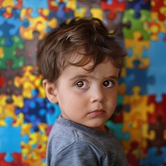 Innocent Eyes: Young Autistic Boy Gazes at Camera Against Colorful Puzzle Wall