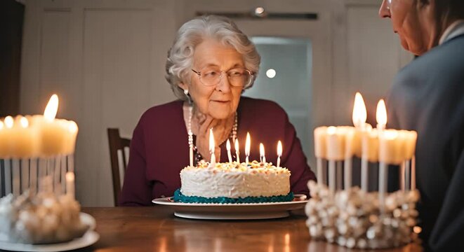 Senior woman with a cake with candles on her birthday.