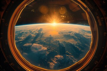 Captivating image of Earth's curvature and vivid landscape seen through the circular window of an orbiting spacecraft
