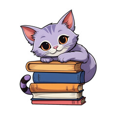 Smart Kitty Relaxing on Pile of Colorful Books, Cute Feline Illustration for Bookworms, Generative AI
