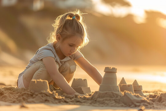 Little girl building a sand castle on the beach