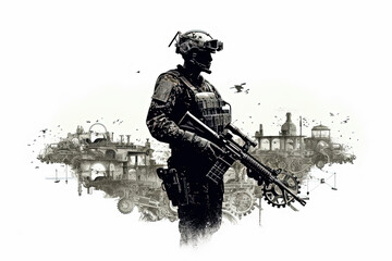 A soldier is standing in front of a city with a gun. Scene is tense and serious
