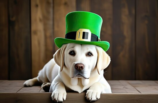 A Gold Retriever dog in St. Patrick's Day hat sits on a wood background
