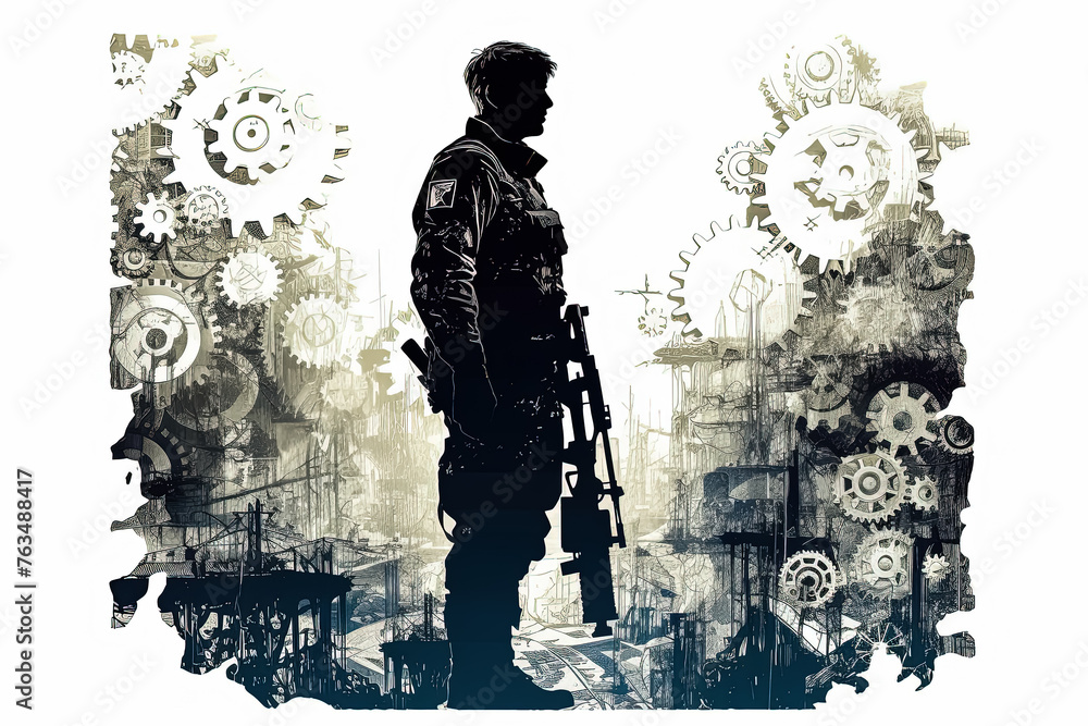 Poster a man in a military uniform stands in front of a large number of gears. concept of power and control