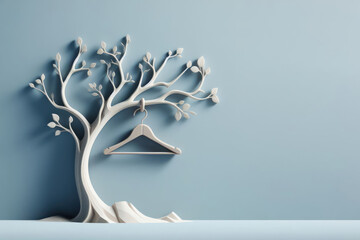 A clothes hanger hanging from a tree branch. Space for text.