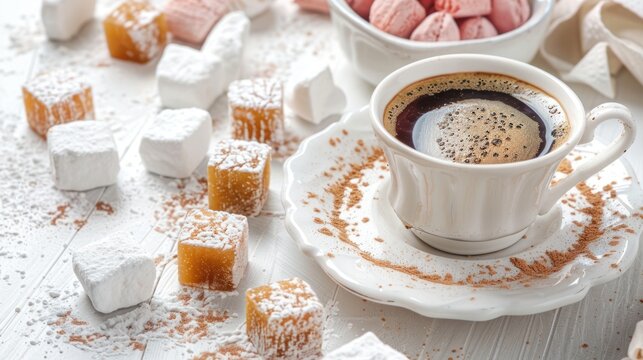 Traditional turkish delight with cup coffee on sugar festival on white table. AI generated image