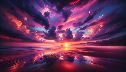 A stunning sunset with vibrant colors reflecting over a serene beach. - obrazy, fototapety, plakaty