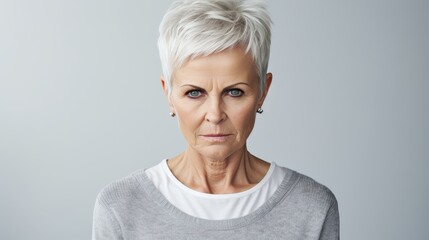 Angry senior woman staring fiercely at the camera with space for text - obrazy, fototapety, plakaty