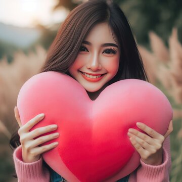 A young woman holding a big, loving heart in her hands.