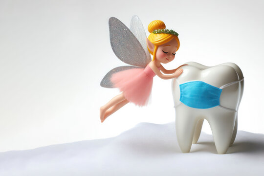 A little fairy flying near a tooth. Space for text.