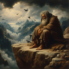 Poor, miserable vagabond man sitting on the edge of a cliff. - obrazy, fototapety, plakaty