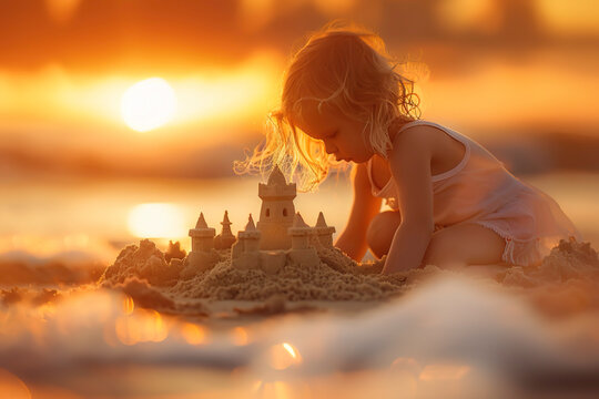 Little girl building a sand castle on the beach