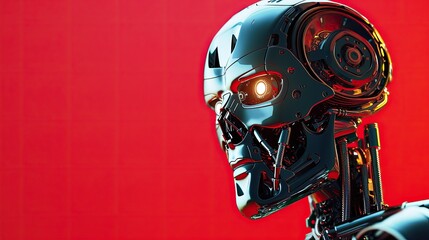 An android with glowing eyes and a polished silver surface, posed against a vibrant red background.