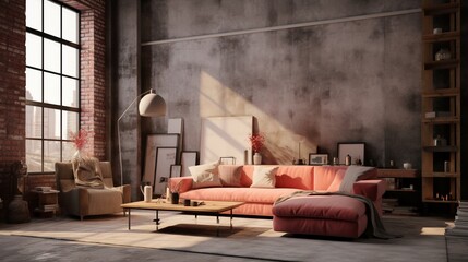 an industrial styled living room in the style of light red and light beige - obrazy, fototapety, plakaty