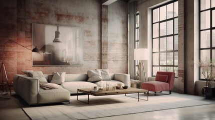 an industrial styled living room in the style of light red and light beige - obrazy, fototapety, plakaty