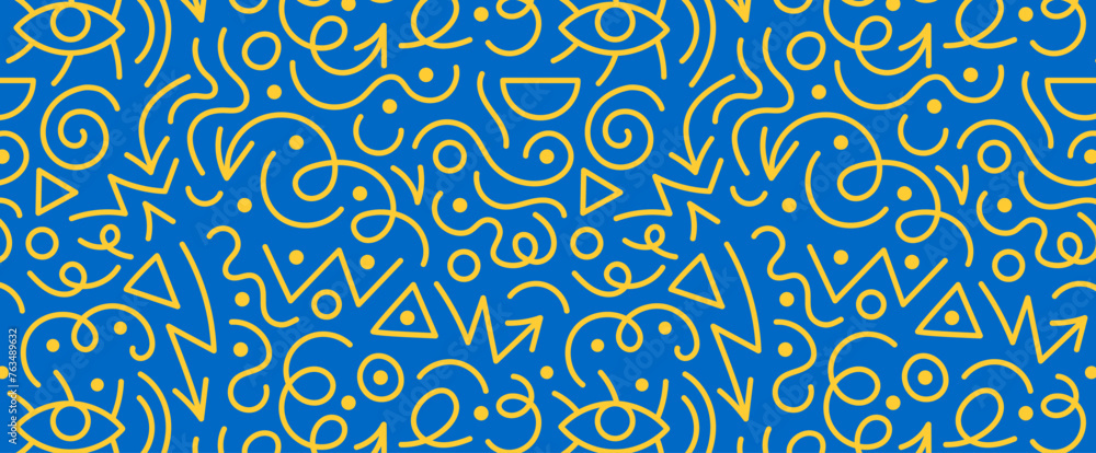 Aufkleber Simple childish colorful line doodle seamless pattern. Artistic background with simple playful childish scribbles, abstract geometric shapes. Vector design print for children or festive decor