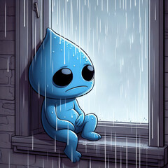 Sad blue creature sitting by the window in the rain.