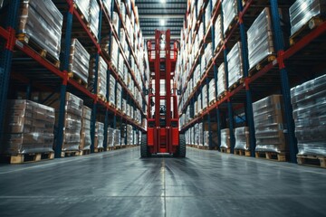 Red forklift parked in modern factory warehouse
 - obrazy, fototapety, plakaty