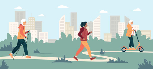 Energetic gray haired elderly women and man, Healthy lifestyle. Elderly woman running with headphones. Elderly woman practice nordic walking. Elderly woman rides electric scooter. Vector Illustration