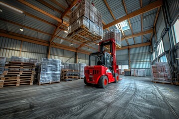 Forklift operator in red uniform and helmet at work in warehouse  - obrazy, fototapety, plakaty
