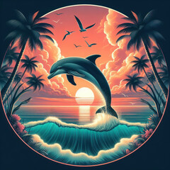 Beautiful illustration of a jumping dolphin on the background of a sunny sunset.