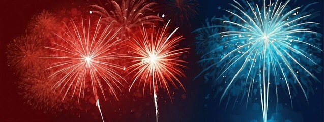 Red and Blue Glittering Firework Panorama: Wide Banner for Celebrations and Festivities