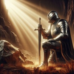 Naklejka premium Rays of sunlight falling on a kneeling knight.