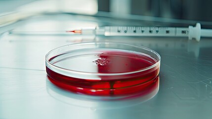 A close-up of laboratory equipment with a pipette and blood sample in a petri dish, symbolizing medical research and treatment for hemophilia