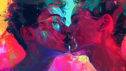 Double exposure portrait of two young boys kissing on an abstract coloured background. LGBT