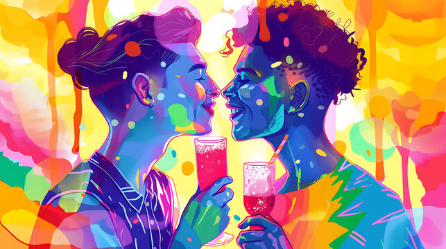Vector illustration of young guys drinking champagne at a party