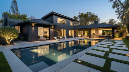 A craftsman style house painted in a sleek charcoal black, with a modern backyard featuring a...