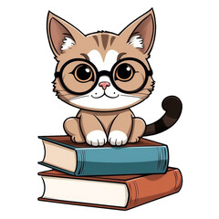 Smart Kitty Relaxing on Pile of Colorful Books, Cute Feline Illustration for Bookworms, Generative AI