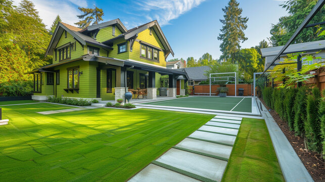 A craftsman style house in a fresh lime green, with a backyard featuring a sports court and a concrete sidewalk leading to an outdoor gym. The image showcases the energy of an active day.