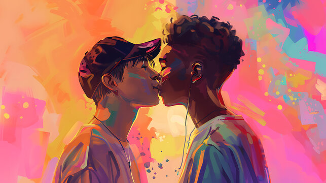 Illustration of young boys kissing on a coloured background, LGBT