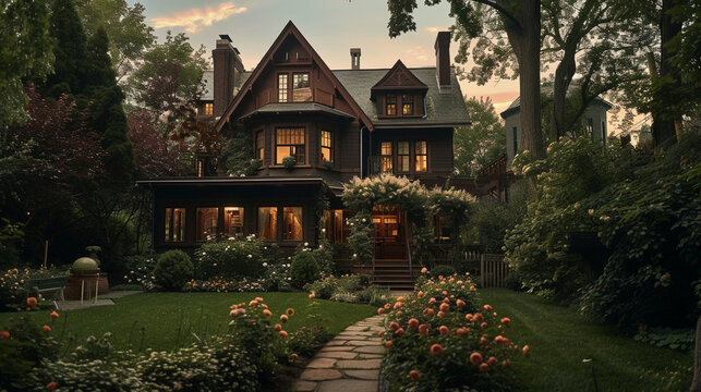 A craftsman style house in a deep chestnut brown, with a backyard that includes an antique wrought iron gazebo and a bluestone sidewalk flanked by heirloom roses. 