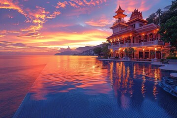 Exquisite Tropical Resort Architecture Illuminated by Ocean Sunset