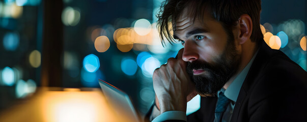 Portrait of seriously focused man talking on phone in dark office late at night. Stressed employee working overtime. Business executive feeling tired for overload job. Deadlines, remote work concept. - obrazy, fototapety, plakaty