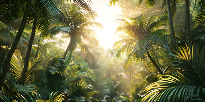  Image of sunny tropical landscape green palm leaves in tropical forest at sunset, natural background and texture.