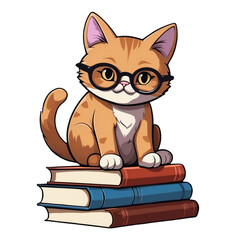 Smart Kitty Relaxing on Pile of Colorful Books, Cute Feline Illustration for Bookworms, Generative AI