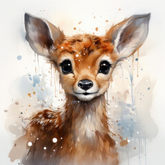 Watercolor deer, forest wild animal, spots, splashes, painting, fawn, with big eyes background art wallpaper, print, poster, wall painting, interior - generative AI