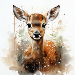 Watercolor deer, forest wild animal, spots, splashes, painting, fawn, with big eyes background art wallpaper, print, poster, wall painting, interior - generative AI