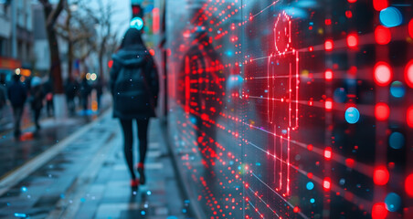 Woman Walking Along a Street Next to a Wall - obrazy, fototapety, plakaty