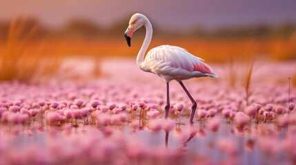 Flamingo rosa em um campo de flores - Papel de parede