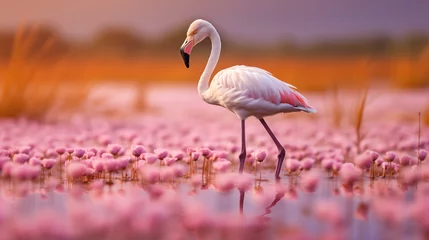 Poster Flamingo rosa em um campo de flores - Papel de parede © Vitor