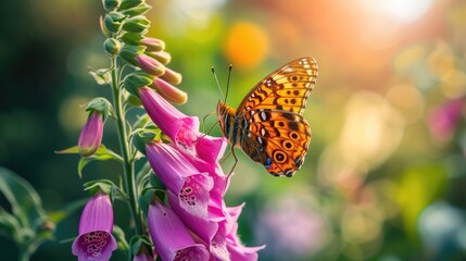A pearl-bordered fritillary butterfly sipping nectar from a pink foxglove, amidst a lush garden. - obrazy, fototapety, plakaty