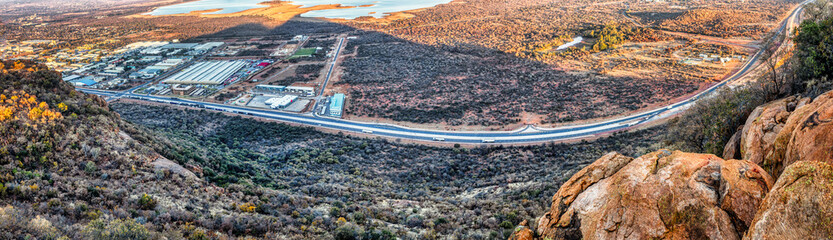 gaborone aerial view from kgale hill elevated viewpoint, highway entrance in the city