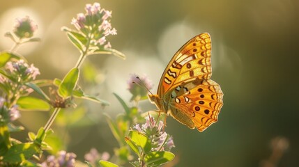 Fototapeta na wymiar A silver-washed fritillary butterfly on a sunny day, pollinating a cluster of wild thyme.