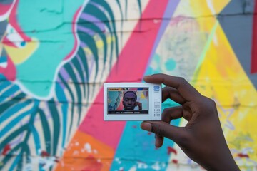 A hand holds up an instant photo blending with the graffiti backdrop